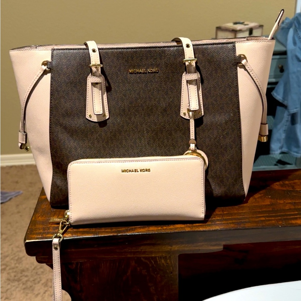 Light pink and brown Michael Kora purse and matching wallet.